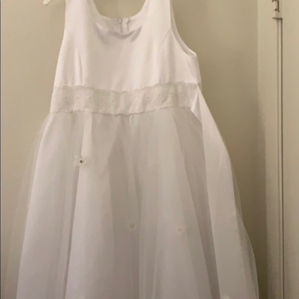 White tulle skirted dress with flowers